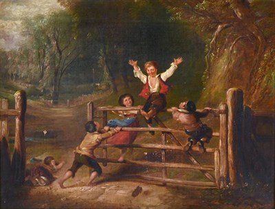 Lot 277 - British School (19th century) Children playing on a country gate  Oil on canvas, 44cm by 58cm