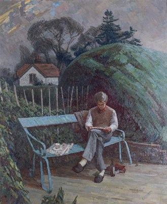 Lot 278 - Richard Ellis Naish (1912-1988)  A gentleman reading in his garden Oil on canvas, fragments of...