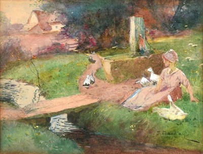 Lot 279 - Thomas Mackay (1851-1920) Woman watching over the ducks Signed, watercolour heightened in...