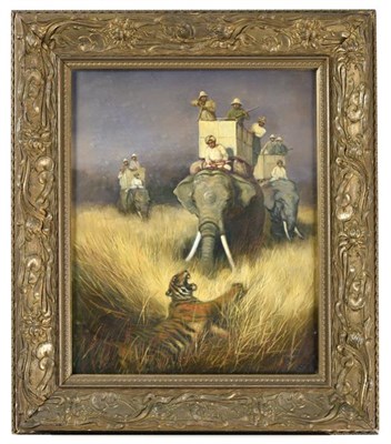 Lot 285 - English School (20th century) The Tiger Hunt Signed with initials G.L, oil on canvas, 51cm by 42cm