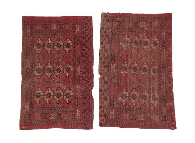 Lot 328 - Pair of Kizil Ayak Chuvals West Turkestan, circa 1890 Each with madder field with four rows of...