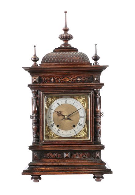 Lot 391 - An Oak Quarter Striking Bracket Clock, circa 1890, caddied pediment with turned wooden finials,...