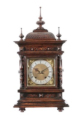 Lot 391 - An Oak Quarter Striking Bracket Clock, circa 1890, caddied pediment with turned wooden finials,...