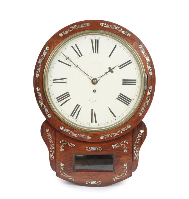 Lot 393 - A Rosewood and Mother of Pearl Inlaid Drop Dial Wall Timepiece, mid-19th century, side and...