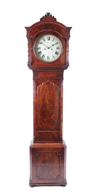 Lot 398 - A Mahogany Eight Day Longcase Clock, early 19th century, arched pediment with a central scroll...