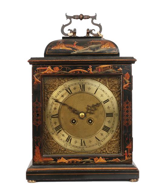 Lot 403 - A Japanned Striking Table Clock, early 20th century, 17th century style Japanned case decorated...