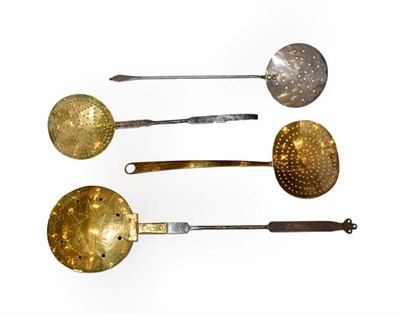 Lot 410 - ~ A Brass and Copper Warming Pan, late 17th/18th century, of circular form, the hinged pierced...