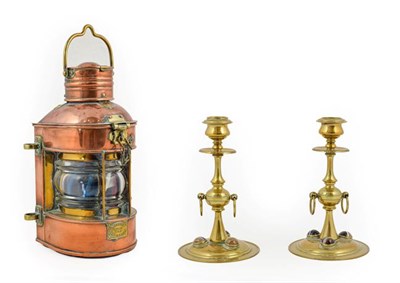 Lot 415 - ~ A Pair of Hardstone Mounted Brass Candlesticks, circa 1860, with urn sconces, circular drip...