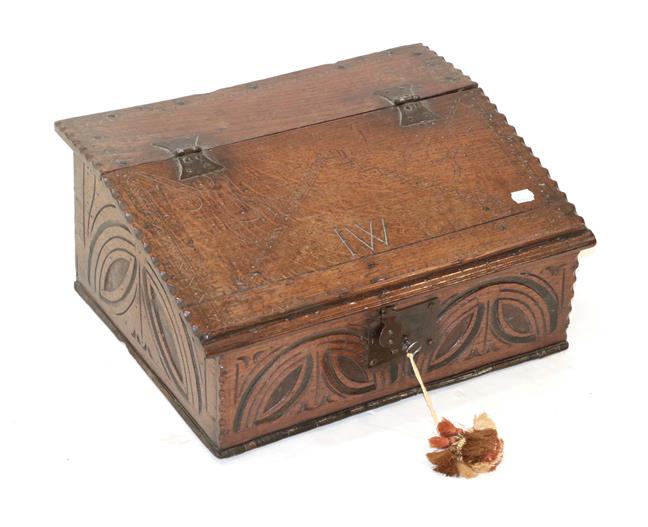 Lot 425 - ~ A Late 17th Century Joined Oak Desk Box, initialled IW, with moulded and carved border and...