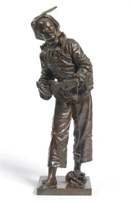 Lot 1288 - After Eutrope Bouret (1833-1906): "Au Clair de la Lune", a bronze of a boy dressed as pierrot,...