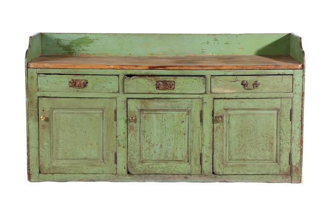 Lot 459 - A George III Green-Painted Pine Dresser, late 18th century, the three-quarter gallery above a...