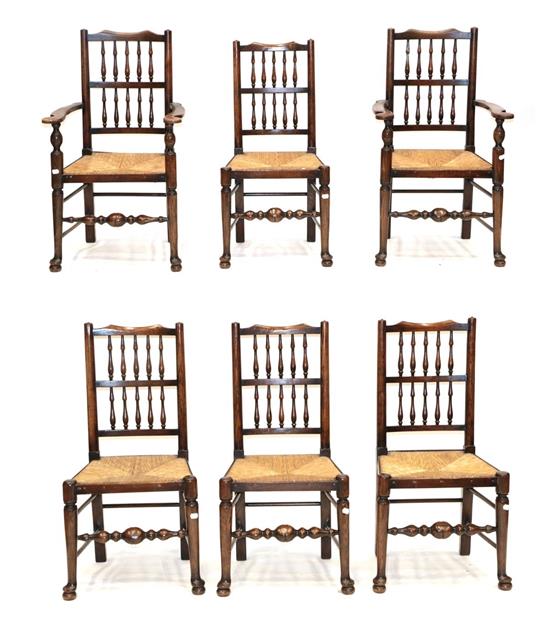 Lot 472 - A Set of Six (4+2) 19th Century Ash and Rush-Seated Lancashire Double Spindle Chairs, with...