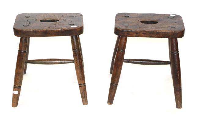 Lot 476 - A Pair of Elm-Seated Stools, mid 19th century, of pegged construction, on turned and spindle...