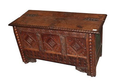 Lot 481 - A Late 17th Century Joined Oak Chest, the hinged lid with iron H shaped riveted hinges, the...
