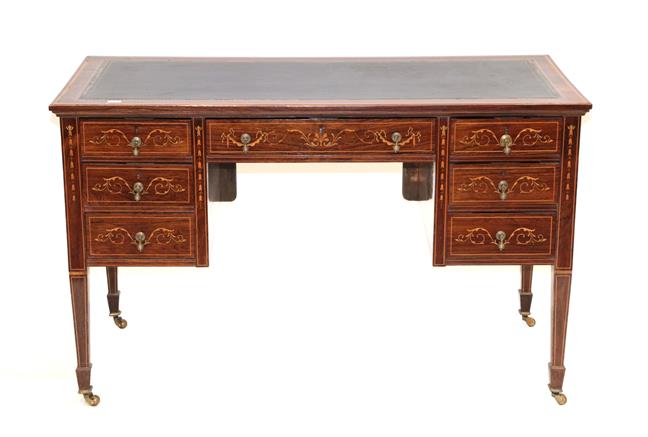 Lot 524 - A Late Victorian Rosewood, Satinwood Banded and Marquetry Inlaid Writing Desk, late 19th...