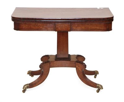 Lot 554 - A Regency Mahogany and Ebony Strung Card Table, early 19th century, of D shape form with green...
