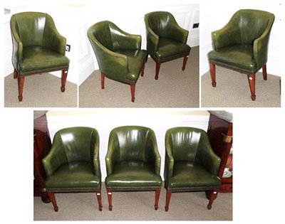 Lot 582 - A Set of Seven Club Armchairs, mid 20th century, covered in close-nailed green leather, the...
