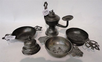 Lot 1310 - A 19th Century Pewter Chamber Type Oil Lamp, with semi-globular reservoir, chained lift-off...