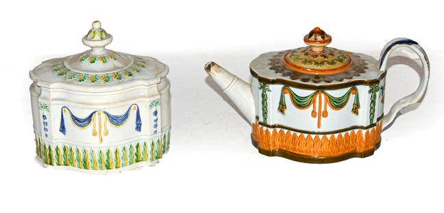 Lot 7 - A Hawley pearlware teapot moulded with linen swags and stiff leaves c.1800-15, together with a...