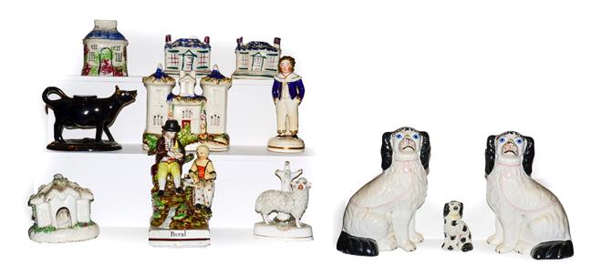 Lot 29 - A collection of 19th century Staffordshire pottery including a pearlware figure titled Rural,...