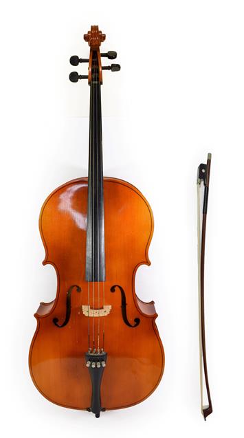 Lot 3003 - Cello 29 1/2'' two piece back, ebony fittings, no label, with bow stamped 'Erich Steiner' (2)