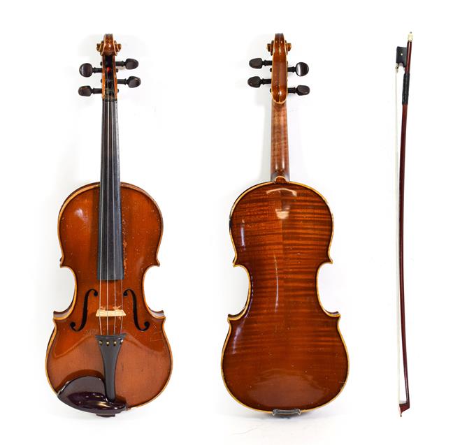 Lot 3014 - Violin 13 1/4'' two piece back, no label, with bow and set on inlayed pegs (cased)