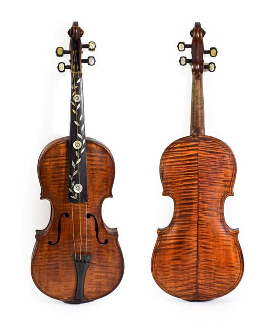 Lot 3015 - Violin 14 1/4'' two piece back, decorative inlay to fingerboard and pegs, appears to be marked...