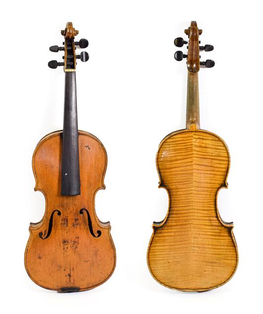 Lot 3017 - Violin 14 1/4'' two piece back, no label, has some repairs to scroll cheeks (cased)