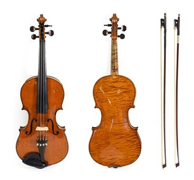 Lot 3019 - Violin 14'' one piece back, ebony fingerboard, no label, with two bows (cased)