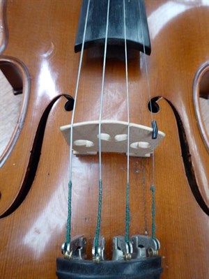 Lot 3021 - Violin 14'' two piece back, ebony fingerboard and fittings, with label 'Ludwig Glasel No.117...
