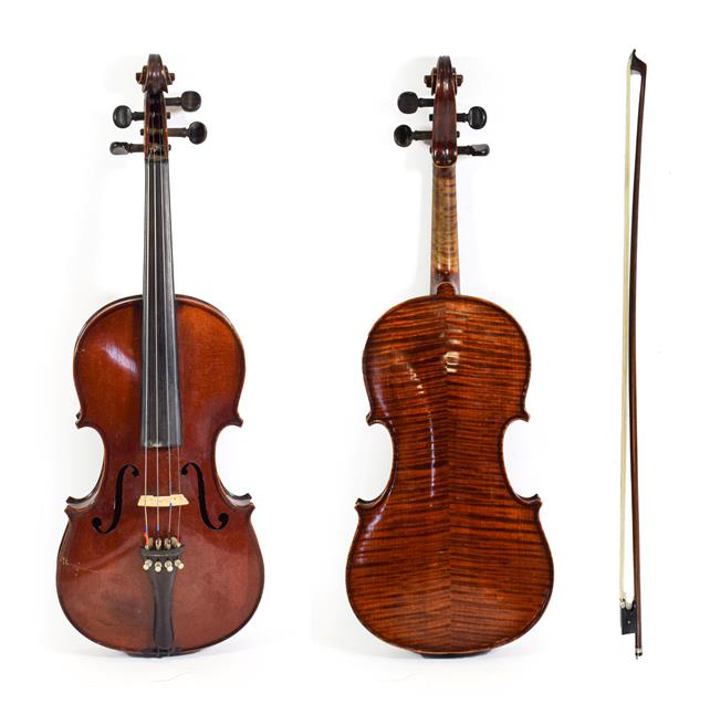 Lot 3023 - Violin 14'' two piece back, ebony fingerboard, labelled 'Barrel d'apres A Stradivarius' with bow in