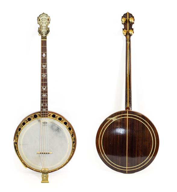 Lot 3042 - Wm L Lange Paramount Style F Four String Banjo 11'' head, 19 frets, 24 lugs, quick release...