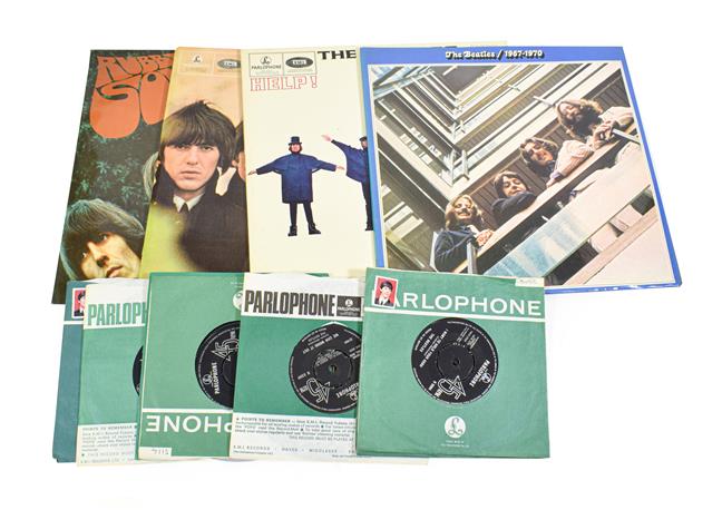 Lot 3049 - Beatles Vinyl Records LPs: Rubber Soul, For Sale, Help! and The Blue Album; Singles: Paperback...