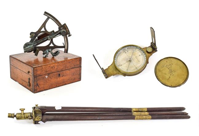 Lot 3072 - J B Underhill Surveyors Compass 4 1/2'' diameter on tripod; together with a Langford Sextant...