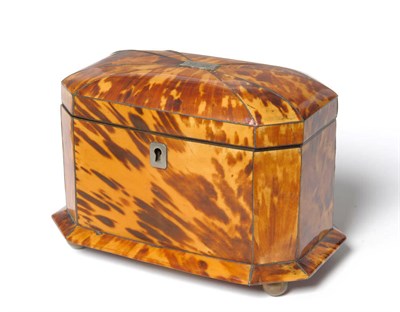 Lot 1327 - A Regency Tortoiseshell Tea Caddy, of canted rectangular form, the hinged cover set with a...