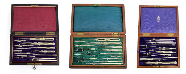 Lot 3093 - Drawing Instrument Sets (i) Elliott Bros (London) in two layer case with ivory rule and three...