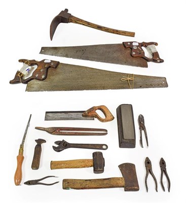 Lot 3108 - Various Woodworking Tools including an adze, two Disston saws longest 26'', Tenon saw and others