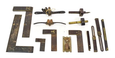 Lot 3109 - Various Woodworking Tools including five set squares rosewood/ebony with brass fixings, two mortice