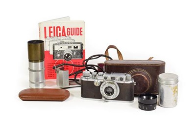 Lot 3117 - Leica III Camera no.133992, with Elmar f3.5 50mm lens in leather case, with a few accessories and a