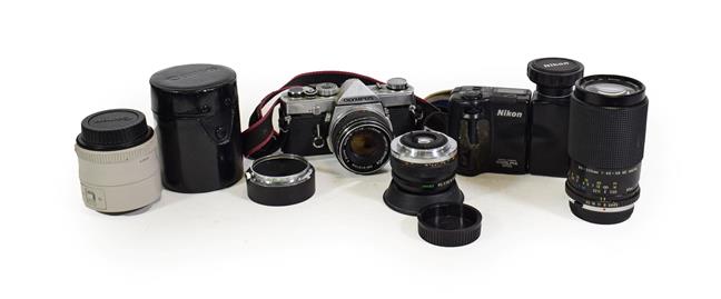Lot 3125 - Olympus OM1 Camera with Zuiko f1.8 50mm lens; Zuiko f2.8 28mm lens; Carl Zeiss Jena f4.5-5.6...