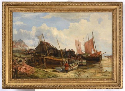 Lot 1045 - John Wright Oakes (1820-1887)  Beached vessels at Scarborough Pier Signed and dated (18)64, oil...