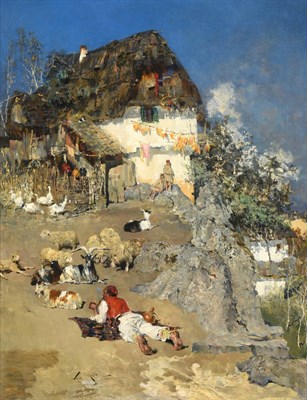 Lot 1080 - Nikola Masic (1852-1902) Croatian Goatherders at rest before a rustic cottage Signed, oil on...