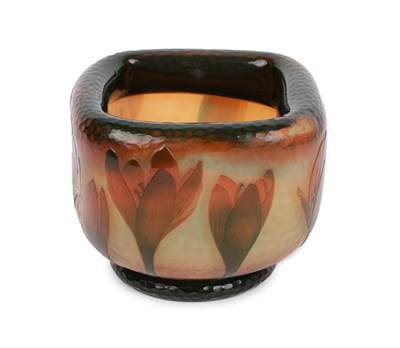 Lot 1022 - A Daum Nancy Cameo Glass Vase, circa 1900, folded over rim, cut with crocus in amber on a...