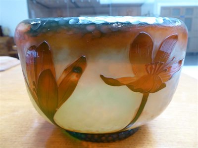 Lot 1022 - A Daum Nancy Cameo Glass Vase, circa 1900, folded over rim, cut with crocus in amber on a...