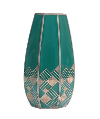 Lot 1026 - An Art Deco Continental Faceted Malachite Glass Vase, with repeating silver overlay decoration,...