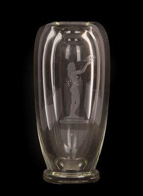 Lot 1028 - A Scandinavian Clear Glass Vase, decorated with a nude female holding a bird, unmarked, 21.5cm high