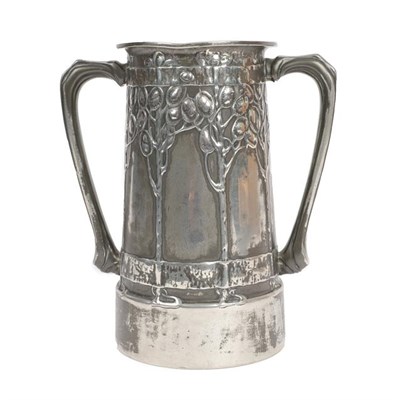 Lot 1031 - David Veasey for Liberty & Co: A Pewter Twin-Handled Loving Cup, covered by honesty and verse...