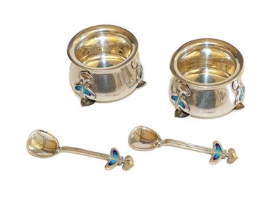 Lot 1032A - A Pair of Arts & Crafts Silver and Enamel Salt Cellars and Spoons, by George Houston, the salts...