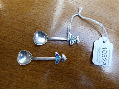 Lot 1032 - A Pair of Arts & Crafts Silver and Enamel Salt Cellars and Spoons, by George Houston, the salts...