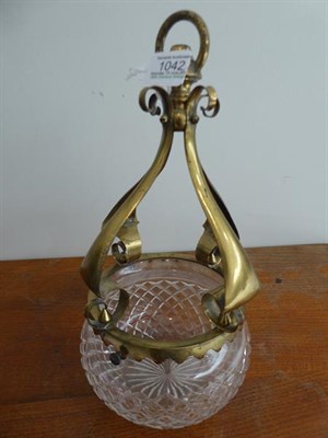 Lot 1041 - An Art Nouveau Brass Harp Gas Pendant Lamp, with vaseline glass shade, 95cm